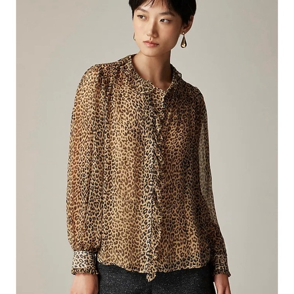 J. Crew Tops - NWT J. Crew Ruffle Button-up Shirt Leopard-print Crinkle Chiffon Brown